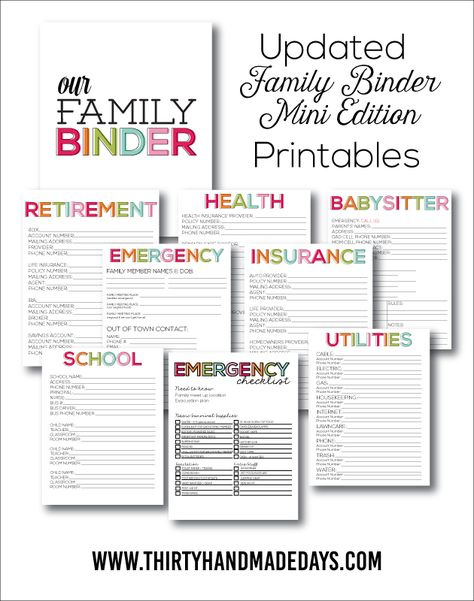 Updated Family Binder, Mini Edition - the perfect little mini binder to store everything in one spot! www.thirtyhandmadedays.com Family Binder Printables, Family Emergency Binder, Emergency Binder, Family Binder, Household Binder, Home Binder, Binder Printables, Life Binder, Family Emergency