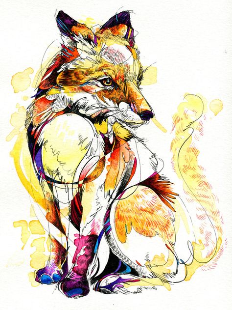 Fox Flow.   India ink and watercolor painting with Tombow markers, dyes. Prints are available in my @Etsy shop. Abby Diamond, Art Fox, Flow Arts, Tableau Art, Art Et Illustration, Fox Art, Pen And Watercolor, Arte Animal, Watercolor Animals