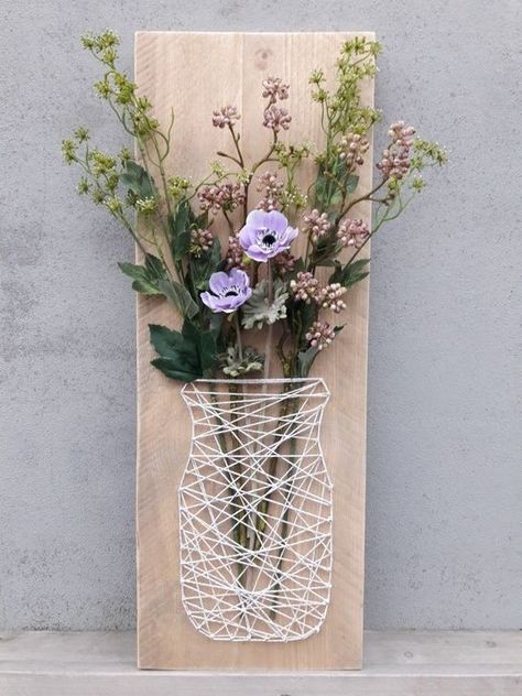 فن الرسم بالمسامير, Mason Jar String Art, Fleurs Diy, String Art Patterns, String Art Diy, Craft Night, Whimsical Garden, Deco Floral, Garden Art Diy