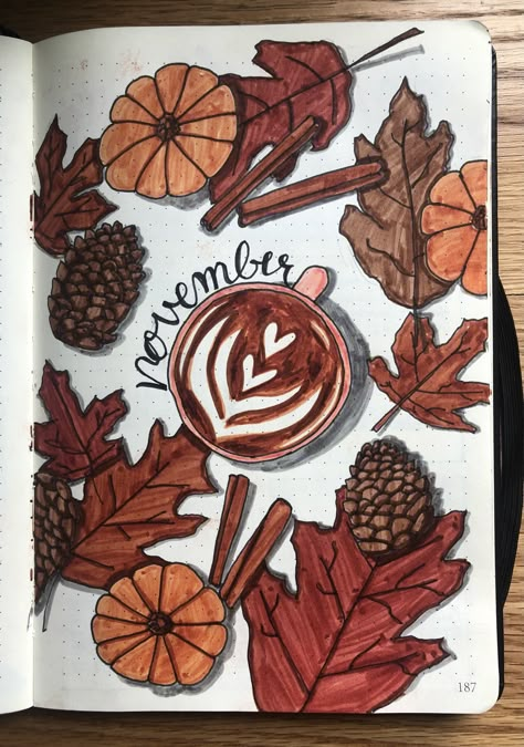 Fall Leaves Bullet Journal, November Diary Ideas, November Bujo Theme Ideas, November Aesthetic Journal, November Journal Spread, November Journal Ideas Cover, November Aesthetic Drawings, November Journal Ideas Aesthetic, November Scrapbook Ideas