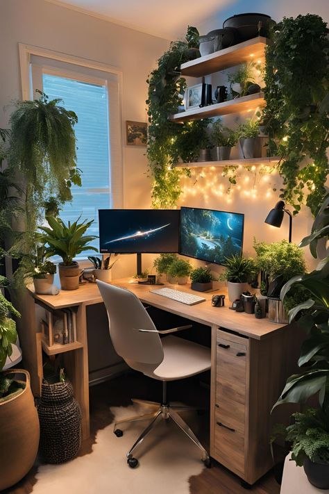 Gamer Plant Room, Study Table Plant Decor, Gaming Room With Plants, Plant Pc Setup, Gaming Setup With Plants, Nature Pc Setup, Gaming Setup Plants, Room Ideas With Desk, Cozy Gamer Setup