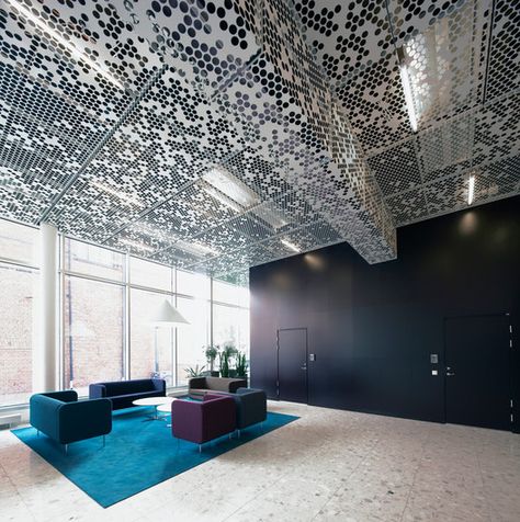 Flat Iron Building, Architecture Ceiling, Ceiling Treatments, Corporate Interiors, Lobby Design, Perforated Metal, Metal Ceiling, False Ceiling Design, The Ceiling