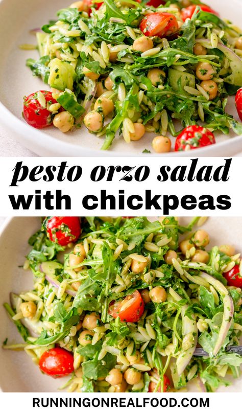 This Pesto Orzo Pasta Salad is a colorful and flavorful twist on a classic!  Tiny orzo pasta gets tossed with a vibrant pesto sauce, creating a base bursting with fresh herbs and garlic.  Perfect for a potluck, summer BBQ, or light lunch, this pasta salad is sure to impress. Orzo Pesto Salad, Orzo Pesto Pasta Salad, Pesto Ideas Dishes, Pasta Salad With Chickpeas, Spanish Pasta, Pesto Orzo Salad, Orzo Pesto, Summer Pesto, Pesto Orzo