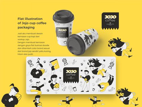 Jojo cup coffee packaging by DItz on Dribbble Doodle Style Illustrations, Doodle Packaging Design, Coffee Cup Illustration Design, Black And White Packaging Design, Black And Yellow Branding, Coffee Cup Packaging Design, Yellow Packaging Design, Malaysia Day Poster, Cup Coffee Design