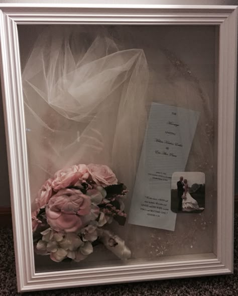 Finally made a shadow box for my veil...6 years later! Wedding Shadow Boxes, Wedding Dress Shadow Box, Wedding Shadow Box Ideas, Shadow Box Wedding, Bouquet Shadow Box, Wedding Dress Display, Military Shadow Box, Baby Shadow Box, Wedding Shadow Box