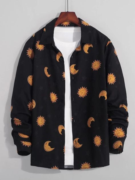 Men 1pc Sun & Moon Print Shirt | SHEIN USA Sun Outfits Men, Star Themed Outfits Men, Sun Clothes Aesthetic, Moon Inspired Outfits Male, Aesthetic T Shirts Men, Sun Themed Outfits Male, Sun Aesthetic Clothes, Men Couture, Sun Outfits