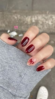 Short Nail Designs Dark Red, Red Nails With Butterflies, Easy Red Nail Designs, Cutesy Nails, Colourful Nail, College Nails, Kutek Disney, Dark Red Nails, White Tips