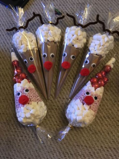 Christmas Sweet Cones, Winter Party Favor, Reindeer Hot Chocolate, Prize Ideas, Chocolate Cone, Teacher Holiday Gifts, Hot Chocolate Gift, Winter Birthday Parties, Christmas Eve Box Fillers