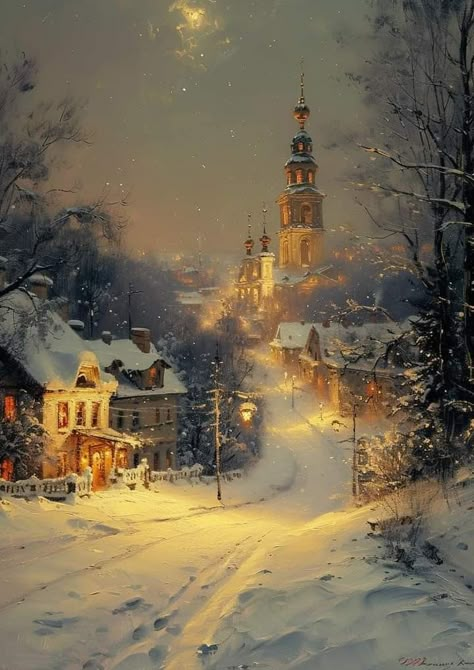 Majestic Paintings, Christmas Village Painting, Winter Scenes Wonderland, Christmas Landscape, Painting Snow, Winter Illustration, Christmas Illustrations, Winter Painting, Landscape Art Painting