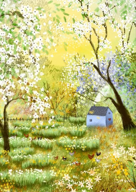 Cottagecore Prints, Using Procreate, Storybook Art, Forest Illustration, Spring Landscape, Spring Painting, Apple Orchard, Landscape Artwork, Spring Art