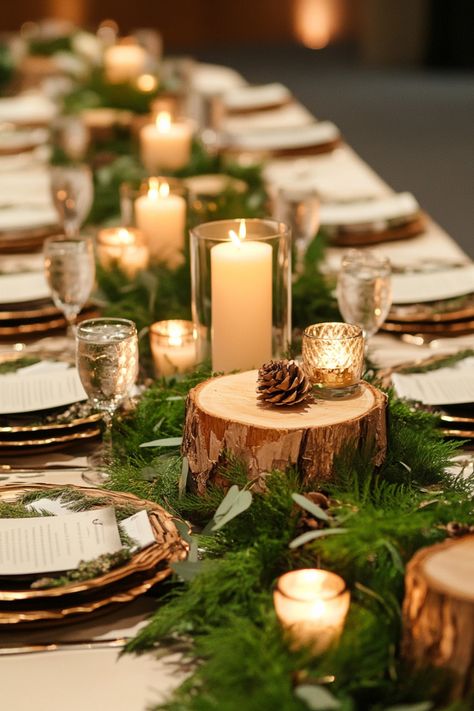 Step into the forest with 52 centerpiece designs inspired by the outdoors. These ideas pair organic textures with romantic touches like floral wreaths and glowing candles. Your woodland wedding will feel like a dream come true. See them now! #rusticchic #weddingtrends #forestthemed November Forest Wedding, Wedding Wood Table Decorations, Forest Themed Wedding Reception, Woodsy Wedding Table Setting, Acorn Wedding Decor, Forest Wedding Place Setting, Woodland Boho Wedding, Wedding Woodsy Theme, Pine Needle Wedding Decor