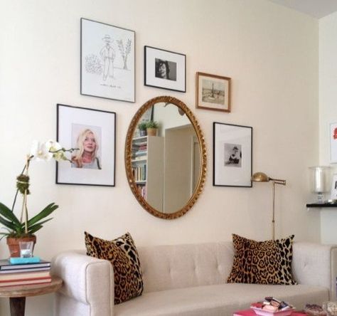 Oval Mirrors Living Room, Pictures Around Mirror Ideas, Gold Round Mirror Wall, Gallery Wall With Circle Frame, Oval Mirror Bedroom Decor, Mirror Above Couch Boho, Large Round Mirror Gallery Wall, Oval Mirror Wall Decor Living Room, Gallery Wall Ideas With Mirror And Pictures