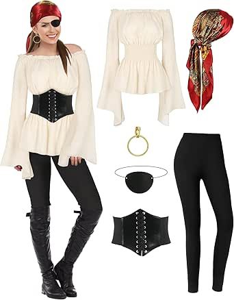 CICOCI Pirate Costume For Women With Accessories Renaissance Blouse Top Belt Headscarf Full Outfits Pirate Costume For Women, Pirate Costume Women, Medieval Dress Peasant, Vintage Headscarf, Pirate Vest, Medieval Pirate, Pirate Costume Diy, Corset Waist Belt, Irish Dress