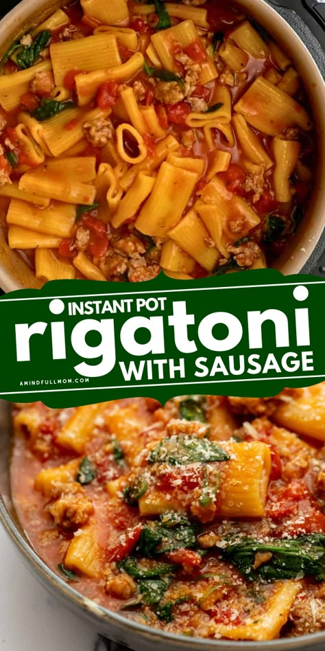 Made with Italian sausage, seasoned tomatoes, fresh spinach, and perfectly cooked rigatoni, this recipe for Instant Pot Rigatoni is one of the easiest, most flavorful, all-in-one Instant Pot recipes. Sweet Italian Sausage Recipes Instant Pot, Instant Pot Sausage And Pasta, Instant Pot Rigatoni, Instant Pot Sausage Recipes, Recipes With Sausage Links, Seasoned Tomatoes, Healthy Pressure Cooker Recipes, Sweet Italian Sausage Recipes, Rigatoni Pasta Recipes