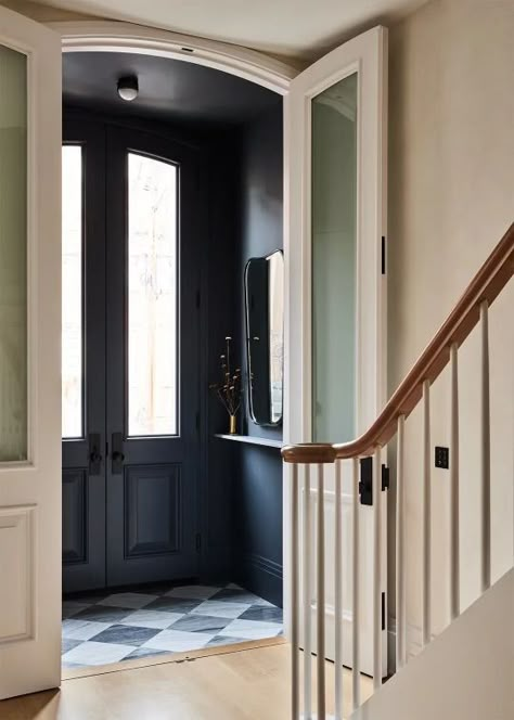 Custom Sliding Doors, Entryway Tile, Hoboken New Jersey, Entry Tile, Entryway Flooring, Winding Staircase, Brooklyn Brownstone, European Aesthetic, Design Jersey