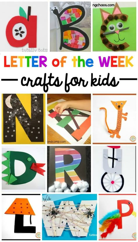 These letter of the week crafts give young kids a fun way to learn what sounds to associate with what letter. All the letters in one place! Letter Of The Week Crafts, Abc Crafts, Letter Crafts, Alphabet Crafts, Preschool Letters, Letter Of The Week, Alphabet Preschool, Tot School, Preschool Lessons