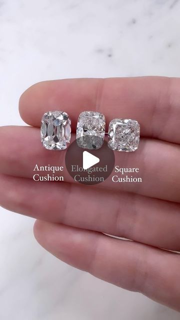 Alexandra Beth Fine Jewelry on Instagram: "I always get asked about the different type of cushion cuts so here you go! To me these are the three main types!   Within the elongated and square cushions- they can be classified as cushion modified brilliant or cushion brilliant. CMB has extra facets and more of a crushed ice look! Most elongated cushions I see are CMB. Square cushions are more commonly either CMB or CB. And antiques are classified as CB on the cert (or old mine cut) but they have their own unique appearance!   #antiquecushion #elongatedcushion #cushioncut #cushionbrilliant #cushionmodifiedbrilliant #alexandrabeth" Diamond Carat Size Chart Cushion, Old Mine Elongated Cushion, Antique Elongated Cushion Cut, Diamond Carat Size Chart, Carat Size Chart, Diamond Carat Size, Antique Cushion Cut, Cushion Diamond Ring, Elongated Cushion Cut