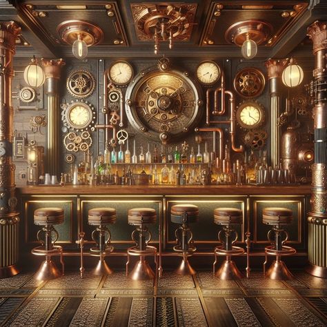 Step into a world where Victorian elegance meets industrial grit. Welcome to our steampunk haven. ✨🕰️ #sipthestyle #SteampunkBar #SteampunkAesthetic #BarDesign Steam Punk Bar, Steampunk Bar Design, Steampunk Bar Ideas, Steam Punk Aesthetic, Steampunk Bar, Victorian Elegance, Speakeasy Bar, Different Planets, Cozy Basement