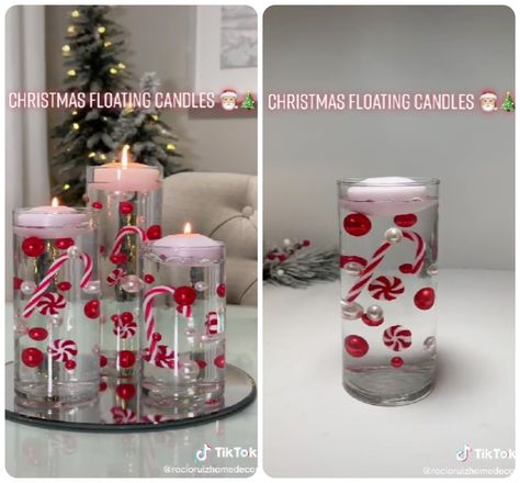 DIY Christmas Floating Candles Are This Season's Must-Have Piece of Decor Christmas Vase Filler Ideas, Christmas Floating Candles, Water Beads Centerpiece, Floating Candle Centerpieces Diy, Floating Candle Decorations, Christmas Candle Crafts, Floating Candle Vase, Floating Centerpieces, Diy Floating Candles