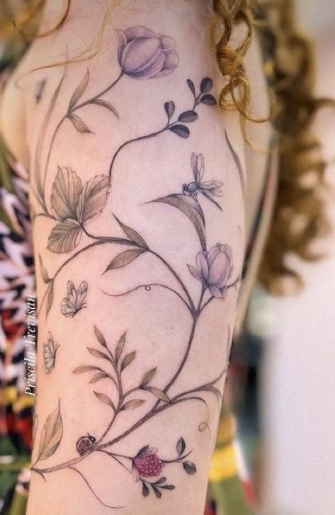 Wildflower Floral Tattoo, Vintage Flower Tattoo Sleeve, Cottage Garden Tattoo, Spring Tattoo Ideas Nature, Black Tattoo With Pop Of Color, Botanical Tattoo Sleeve Delicate, Cottagecore Sleeve Tattoo, Blooming Flowers Tattoo, Botanical Arm Tattoo