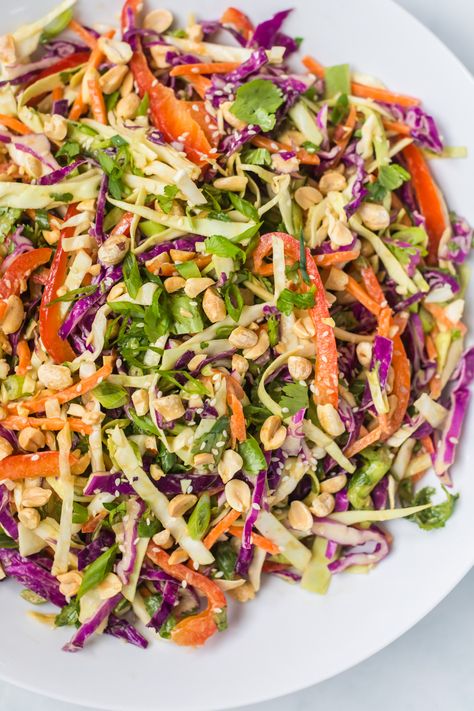 Cabbage Salad with Peanut Dressing Cabbage Peanut Salad, Cabbage With Peanut Sauce, Cabbage Salad With Peanut Dressing, Peanut Cabbage Salad, Peanut Salad Recipes, Asian Salad With Peanut Dressing, Peanut Dressing Salad, Asian Peanut Dressing, Peanut Butter Salad Dressing