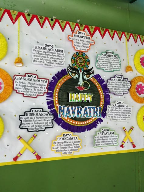 Navaratri Board Decoration Ideas, Garba Decoration For School, Navratri Celebration Ideas In School, Navratri Class Decoration, Navratri Decoration At School, Dandiya Board Decoration, Navratri School Decoration, Durga Puja Bulletin Board Ideas, Navratri Bulletin Board Ideas School