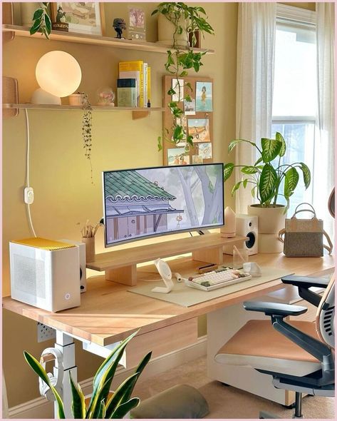 [PaidLink] A Cozy Desk Setup Featuring An Ultra-Wide Monitor, And Clean, Minimalist Desk Accessories. Follow @Easyhomeinspo For Daily Inspirations! #Cozydesksetup #Cozygamingdesk #Cozygamingsetup #Deskgoals #Deskgram #Cozydesk #Gamingsetup #Desksetup #Workspace #Pcsetup #Aesthetic #Cozydeskinspiration Cc: Maisyleigh #gamingroomsetupaestheticcozy Cozy Desk, Cozy Home Office, Desk Inspo, Desk Setups, Office Room Decor, Study Room Decor, Gaming Room Setup, Setup Ideas, Style Deco