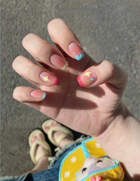 Nail Blue And Yellow, Cute French Tips Nails, Yellow Nails Design Korean, Nail Cute Korean Pastel, Blue Nail Designs Korean, Pastel Pink Yellow Blue Aesthetic, Chinese Nails, Pale Nails, Nails Pastel