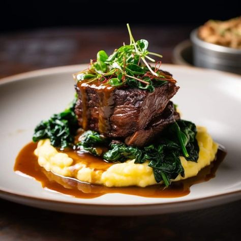 Short Ribs With Creamy Polenta, Braised Beef Polenta, Beef Short Ribs With Polenta, Braised Short Ribs With Polenta, French Braised Short Ribs, Short Ribs Polenta, Short Ribs And Polenta, Fancy Starters, Braised Ribs