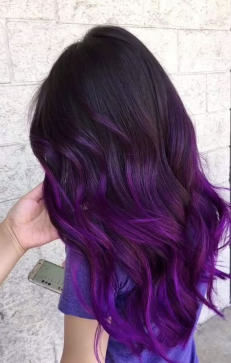 Purple hair Purple Halloween Hair, Purple Highlights With Bangs, Dark Brown To Purple Ombre, Purple Hair White Streak, Brunette Hair Purple Highlights, Dark Purple Hair Balayage, Purple Tips Hair Brown, Dimensional Purple Hair, Brown Hair With Purple Ends