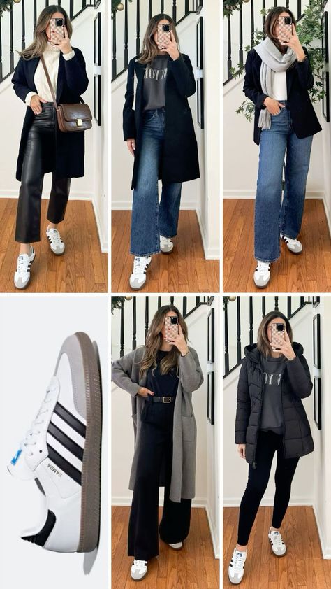 Winter Fashion Outfits Sneakers, Adidas Samba Winter Outfit Women, Style With Adidas Samba, Women’s Adidas Outfits, Outfit Inspo Adidas Samba, Shoes For 2025, Casual Shoes Women With Jeans, Outfit For Samba Shoes, Samba Winter Outfits Women