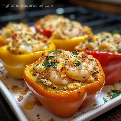 Crab And Shrimp Stuffed Bell Peppers Stuffed Bell Peppers Crab Meat, Easy Shrimp Dinners For Two, Tostones With Shrimp, Good Seafood Recipes, Shrimp And Stuffing, Crab And Avocado Stack Outback Recipe, Shrimp And Lobster Recipes Dinners, Stuffed Bell Peppers Shrimp Crab Meat, Shrimp And Crab Scampi