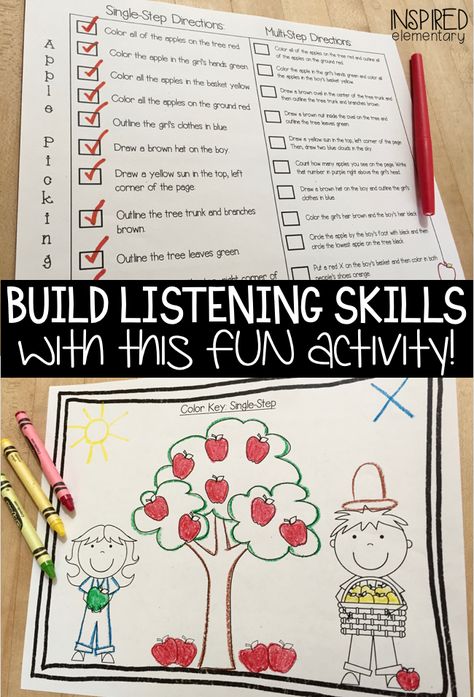 Kindergarten Listening Activities Following Directions, Following Directions Preschool Activities, Following Directions Kindergarten, Follow Directions Game, Speaking And Listening Activities Kindergarten, Listening Lesson Plans, Multi Step Directions Activities, Listening Activity For Preschoolers, Listening And Speaking Activities Ideas