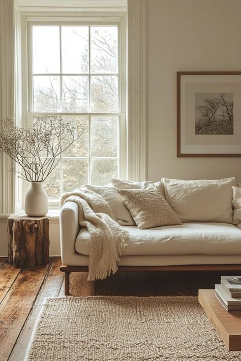 Gustavian Living Room, Neutral Vintage Living Room, Swedish Living Room Scandinavian Style, Mid Century Cottage Style, Modern Vintage Living Room Ideas, Minimal Decor Living Room, 1920s Bungalow Living Room, Scandinavian Cottage Interior, Swedish Living Room