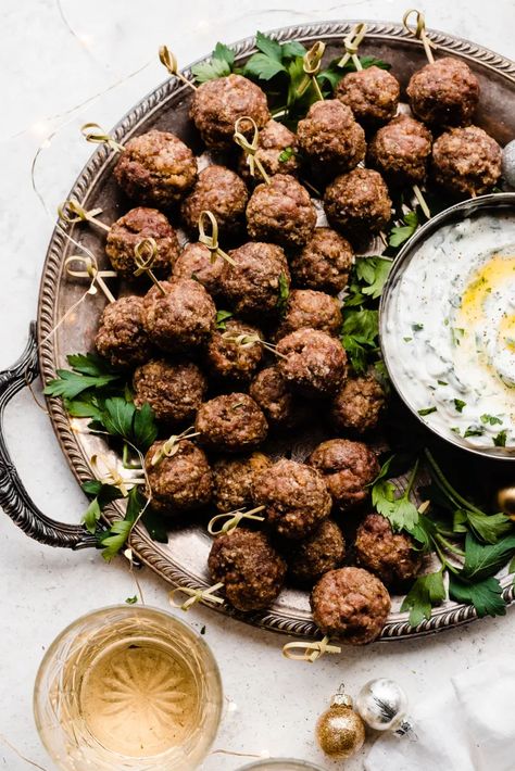 Herby Yogurt Dip, Meatballs Skewers, Festive Platter, Moroccan Lamb Meatballs, Meatball Appetizers, Pomegranate Glaze, Moroccan Meatballs, Spiced Lamb, New Years Appetizers