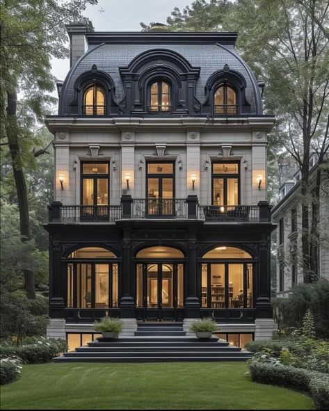 Neoclassical House Exterior, Gothic Home Exterior, Modern French Chateau, Black Villa, Villa Designs, Classic Facade, Classic House Design, French Style Homes, Modern Mansion