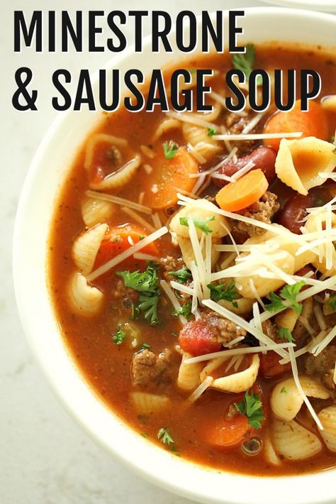 Minestrone Sausage Soup, Minestrone Soup Recipe With Sausage, Healthy Dinner Soup, Best Minestrone Soup, Soup With Italian Sausage, Italian Sausage Recipe, Six Sisters Recipes, Dinner Soup, Italian Turkey