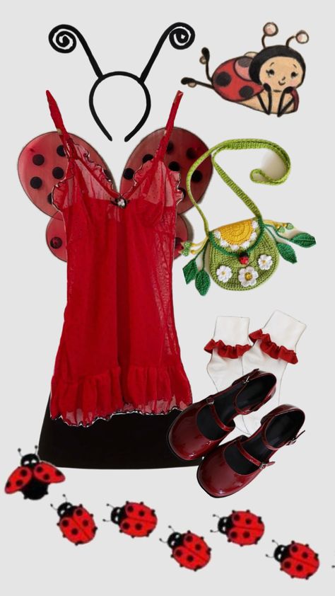 cutesy ladybug Halloween costume #halloween #halloweencostume #costume #ladybug #weirdcore #bugs #halloweencostumeinspo Spirit Week Halloween, Halloween Costumes With Friends, Strawberry Shortcake Halloween, Fairy Halloween Makeup, Strawberry Shortcake Halloween Costume, Ladybug Halloween, Cute Costume Ideas, Halloween Is Cool, Halloween Costumes Women Creative