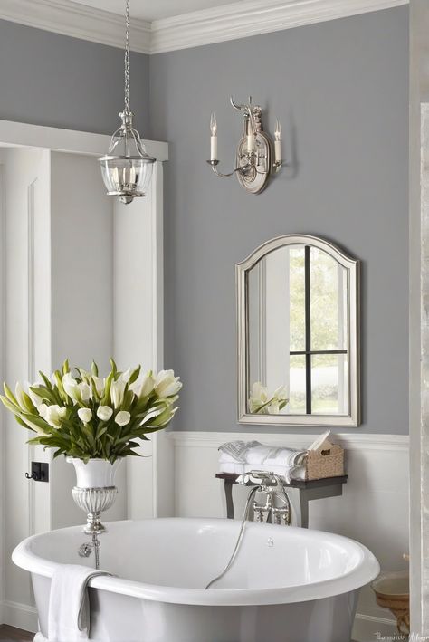 Coventry Gray, Charm, Benjamin Moore, Timeless Beauty Silver Mist Benjamin Moore, Coventry Gray Benjamin Moore, Benjamin Moore Coventry Gray, Coventry Gray, Stonington Gray, Light Oak Floors, Benjamin Moore Gray, Coastal Color Palette, Painted Brick Fireplaces