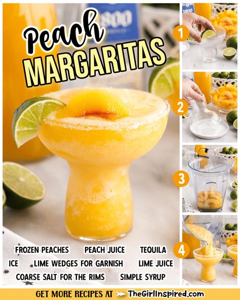 Made from sweet peaches, fresh lime juice, and a splash of peach juice, this icy-cold frozen peach margarita is tasty and refreshing. Frozen Peach Margarita, Grand Marnier Drinks, Homemade Frosty, Peach Margarita Recipes, Peach Margaritas, Freeze Rhubarb, Cocktail Cards, Fruity Alcohol Drinks, Cocktails And Dreams