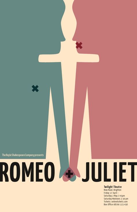 Symmetry Poster Design, Symmetrical Poster Design, Romeo And Juliet Graphic Design, Romeo And Juliet Poster Design, Shakespeare Poster Design, Romeo And Juliet Poster Ideas, Symmetrical Poster, Romeo And Juliet Book Cover, Romeo And Juliet Illustration