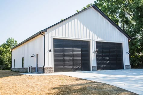 Farmhouse With Detached Shop, Modern Farmhouse With Detached Garage, Board And Batten Detached Garage, Garage Ideas Exterior Detached, Detached Shop Garage, Metal Garage With Loft, Metal Garage Buildings Ideas, 40x60 Garage Plans, White Metal Garage Buildings