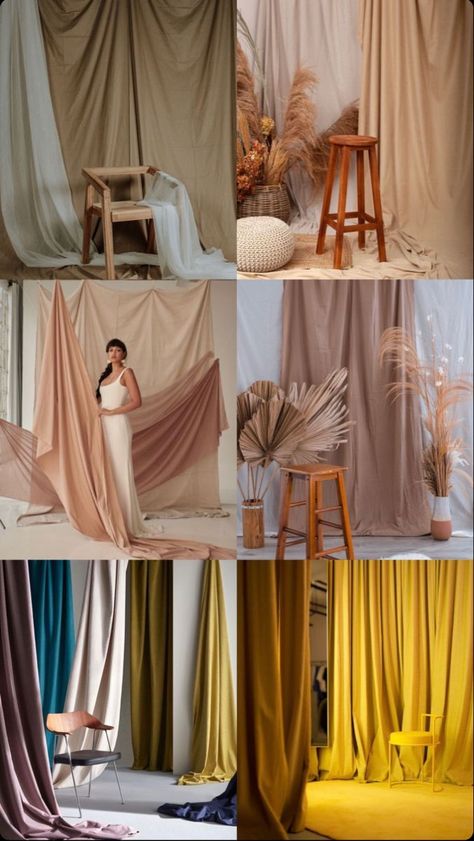 Diy Boho Photoshoot, Homemade Studio Photography, Fashion Shoot Backdrop Ideas, Backdrop Shoot Ideas, Curtain Backdrop Ideas Photoshoot, Props For Studio Photography, Fashion Photography Set Design, Fabric Backdrop Photoshoot Ideas, Diy Photography Studio Shed