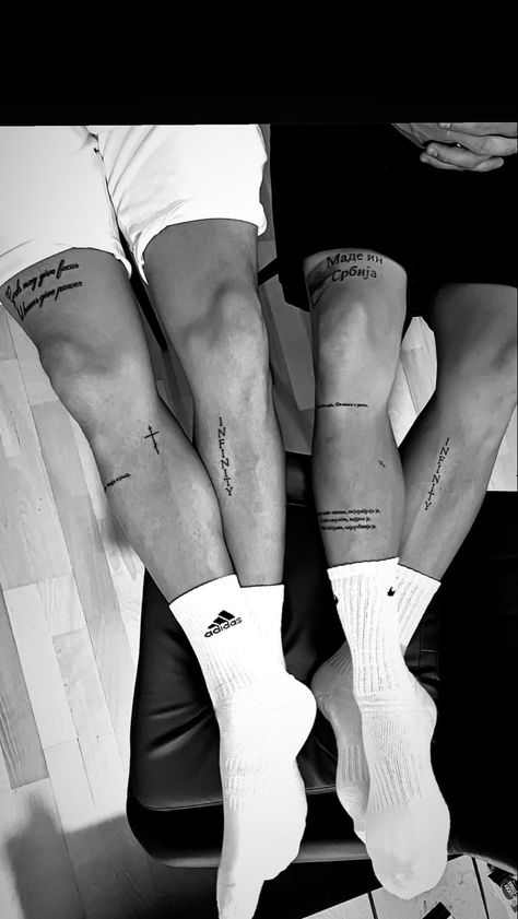 Christian Neck Tattoos For Men, Christian Leg Sleeve Tattoos, Tattoo Inspiration Men Leg, Mens Thigh Tattoos Ideas, Written Tattoos Men, Christian Leg Tattoo, Christian Leg Tattoo Men, Word Leg Tattoos, Minimalist Leg Tattoo