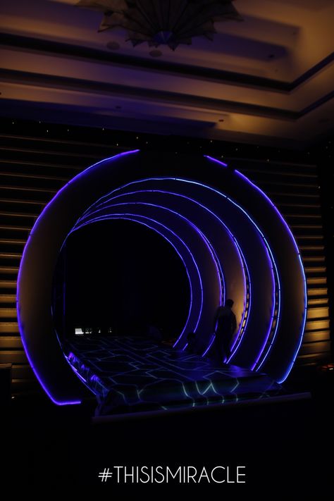 OUTER SPACE THEMED SWEET 17TH BIRTHDAY PARTY BALLROOM ENTRANCE DECORATION. Space Theme Stage Design, Space Themed Event Decor, Outer Space Homecoming Theme, Futuristic Party Decor, Futuristic Decorations Event, Space Prom Theme, Futuristic Theme Party, Futuristic Party Theme, Space Decorations Galaxy