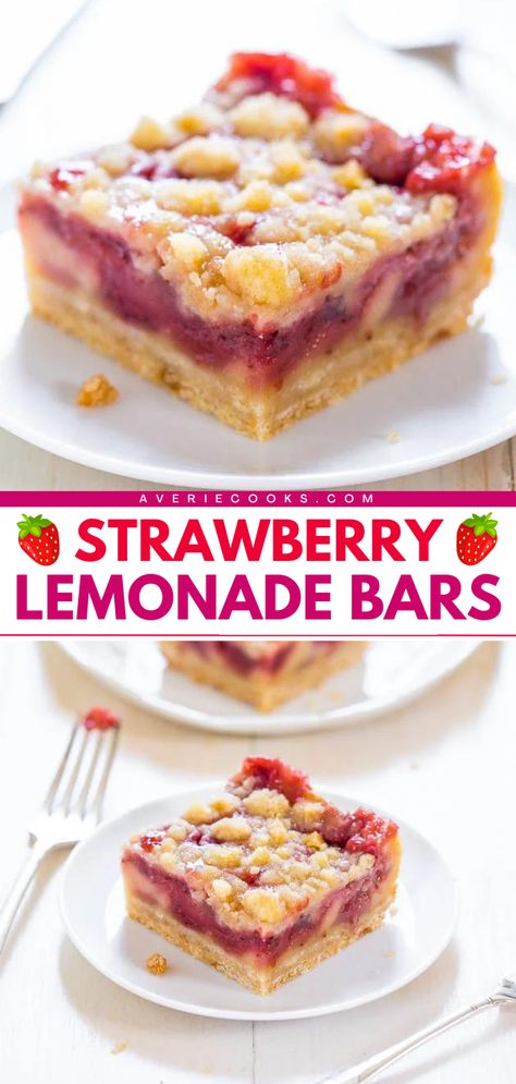 A lemon strawberry bar recipe for your summer dessert ideas! These easy strawberry lemonade bars are also the perfect spring baked good. With the perfect marriage of lemon bars and strawberry pie, this strawberry lemon dessert tastes like your favorite drink! Strawberry Lemon Pie, Strawberry Lemon Bars, Strawberry Lemon Blondies, Lemonade Bars, Lemon Pie Bars, Lemon Blondies, Summer Dessert Ideas, Easy Strawberry Lemonade, Strawberry Bars