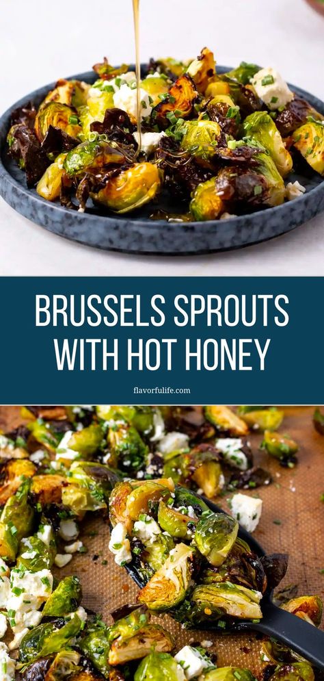 These hot honey brussels sprouts blend the sweet and spicy kick of hot honey with the tangy taste of feta cheese, creating a dish that is the best brussels sprouts recipe around. If you're searching for the best way to make brussel sprouts, this combination of flavors makes for a truly unique and delicious side dish. The honey and feta brussel sprouts are not just tasty but also nourishing and healthy! Brussels Sprouts Oven, Brussel Sprout Side Dish, Best Brussels Sprouts, Hot Honey Recipe, Veggie Side Dish, Hot Honey, Sprout Recipes, Brussels Sprouts Recipe, Simply Irresistible