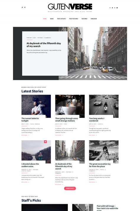 GutenVerse is a magazine and blog WordPress theme designed for content-rich websites, such as online magazines, blogs, news portals, and other editorial websites. It is built to work seamlessly with the Gutenberg editor, which is the default block editor in WordPress, offering a smooth content creation and editing experience. Blog Website Design Layout Inspiration, Content Website Design, Blog Site Design Layout, News Blog Website Design, News Portal Web Design, Wordpress Website Design Inspiration, Modern Blog Website Design, Blog Page Website Design, Website News Design