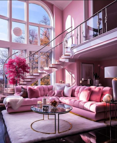 Pink Luxury Living Room, Pink Mansion Interior, Pink Luxury Apartment, Pink Modern Mansion, Pink House Aesthetic Interior, Pink Mansion, Pink Villa, Pink House Interior, Pink Furniture