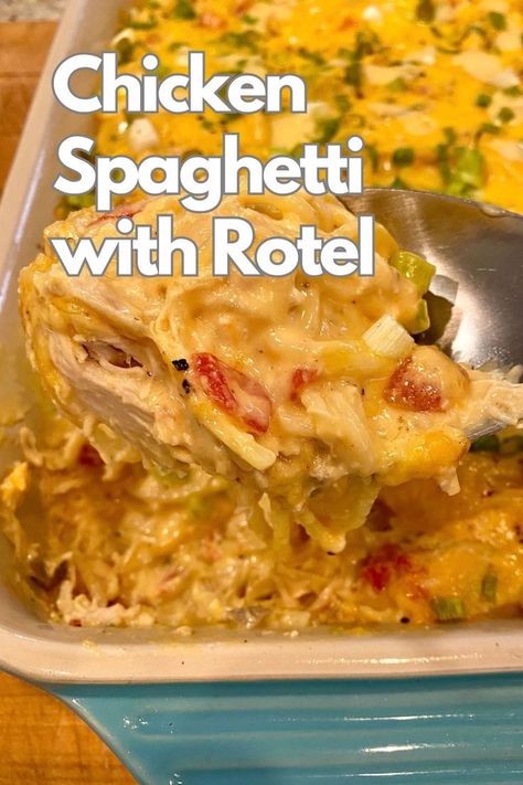 A baking dish of chicken spaghetti with rotel tomatoes and a spoon. Chicken With Rotel Recipes, Chicken Spaghetti Pioneer Woman, Spicy Chicken Spaghetti Recipe, Canned Rotel, Chicken Rotel Recipes, Chicken Spaghetti Velveeta, Chicken With Spaghetti Sauce, Chicken Spaghetti With Rotel, Spaghetti With Rotel